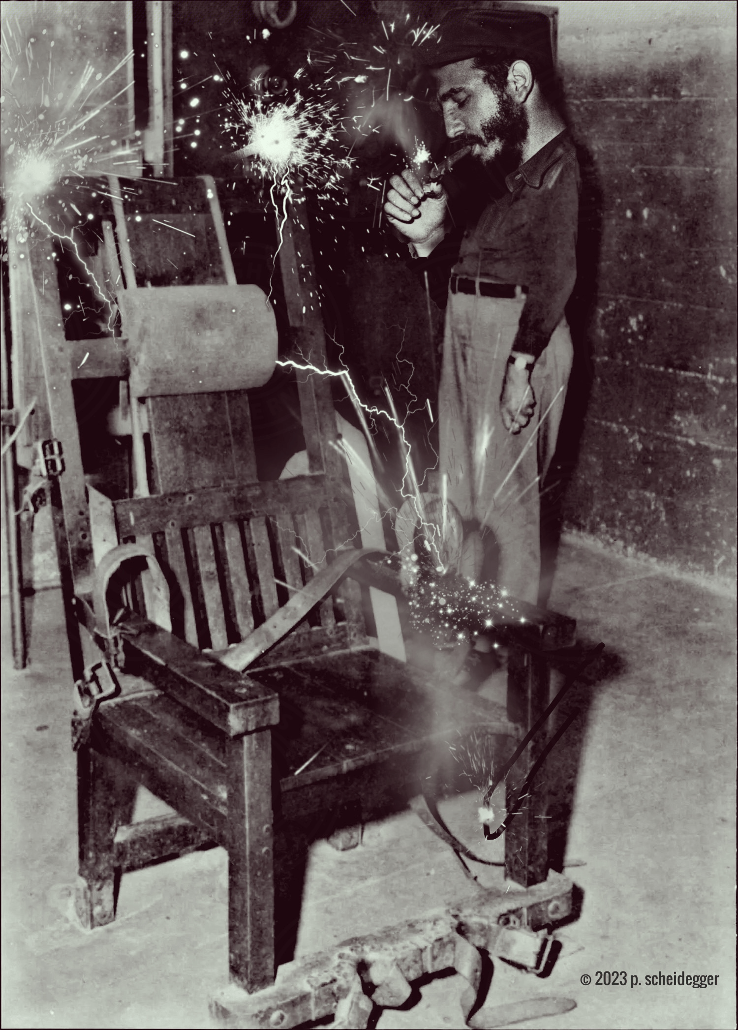 artwork - original image created by patrick scheidegger, m.f.a., is a black and white image featuring an electric chair in the center with sparks, arcs, and bolts of electricity shooting from the wires and connections of the empty electric chair with the controls right behind the chair; the typical giant electric switch, and standing next to the chair and in front of the controls is Fidel Castro, the previous dictator of Cuba; and he is lighting one of his famous fat Cuban cigars off the sparks emitted from the electric chair