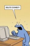 humorous image for privacy policy page of cookie monster sitting at a desktop computer with a look of shock and worry and says "delete cookie?!?!"