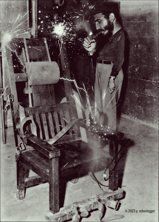 artwork - original image created by patrick scheidegger, m.f.a., is a black and white image featuring an electric chair in the center with sparks, arcs, and bolts of electricity shooting from the wires and connections of the empty electric chair with the controls right behind the chair; the typical giant electric switch, and standing next to the chair and in front of the controls is Fidel Castro, the previous dictator of Cuba; and he is lighting one of his famous fat Cuban cigars off the sparks emitted from the electric chair